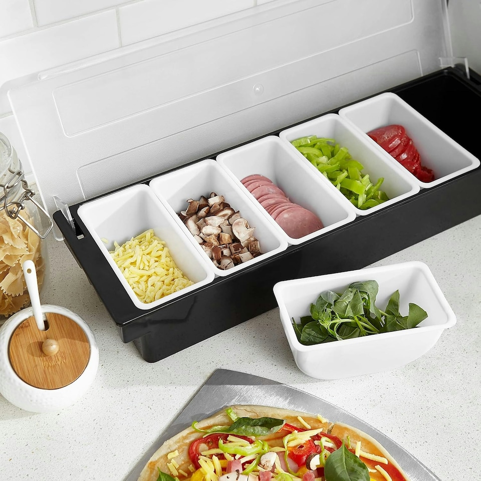 image 1 of 6 Compartment Trays Detachable Pizza Topping Station Reusable Container
