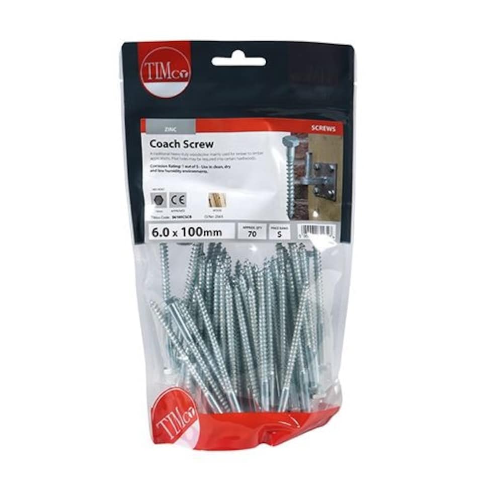 image 1 of Timco - Coach Screws - Hex - Zinc (Size 6.0 x 100 - 70 Pieces)