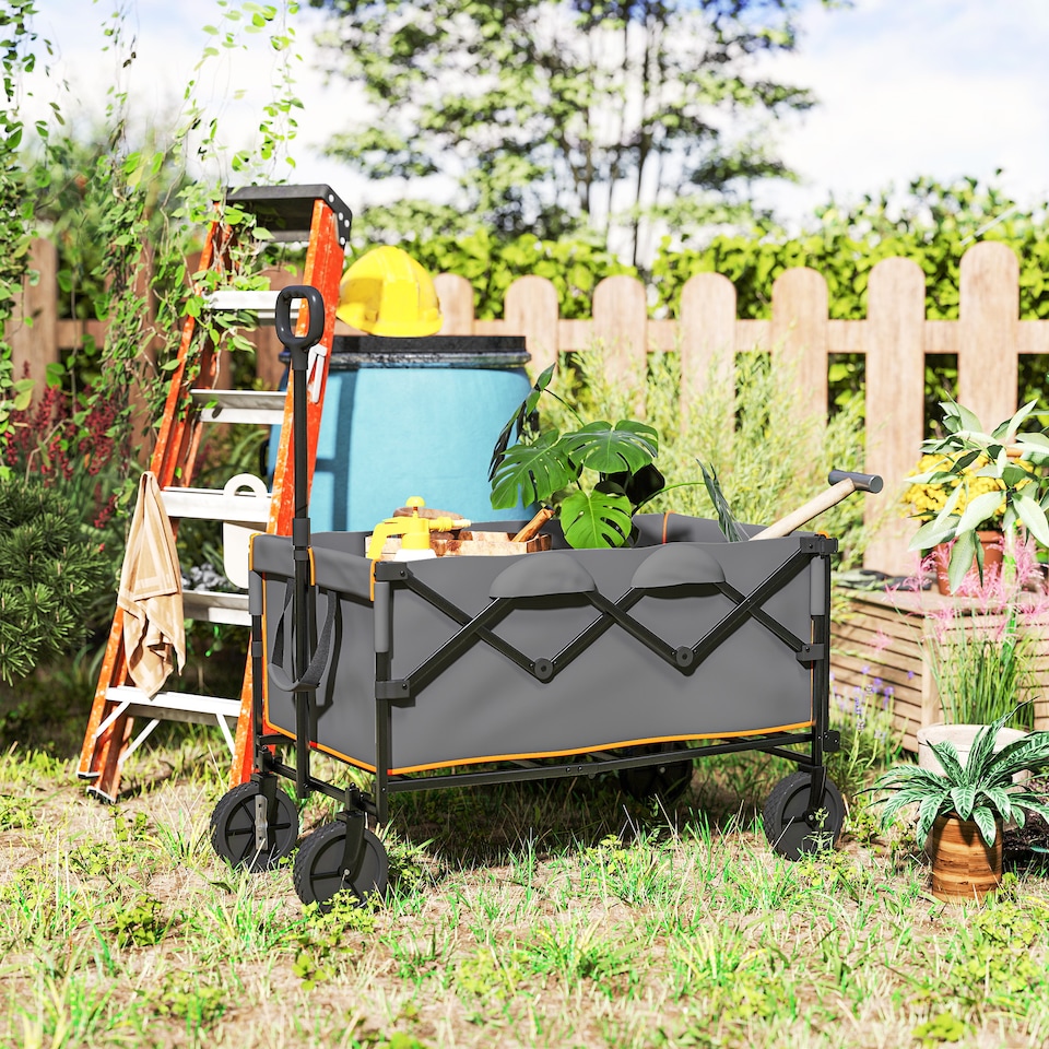 image 1 of Outsunny 160L Folding Trolley Cart w Adjustable Handle, Grey and Orange