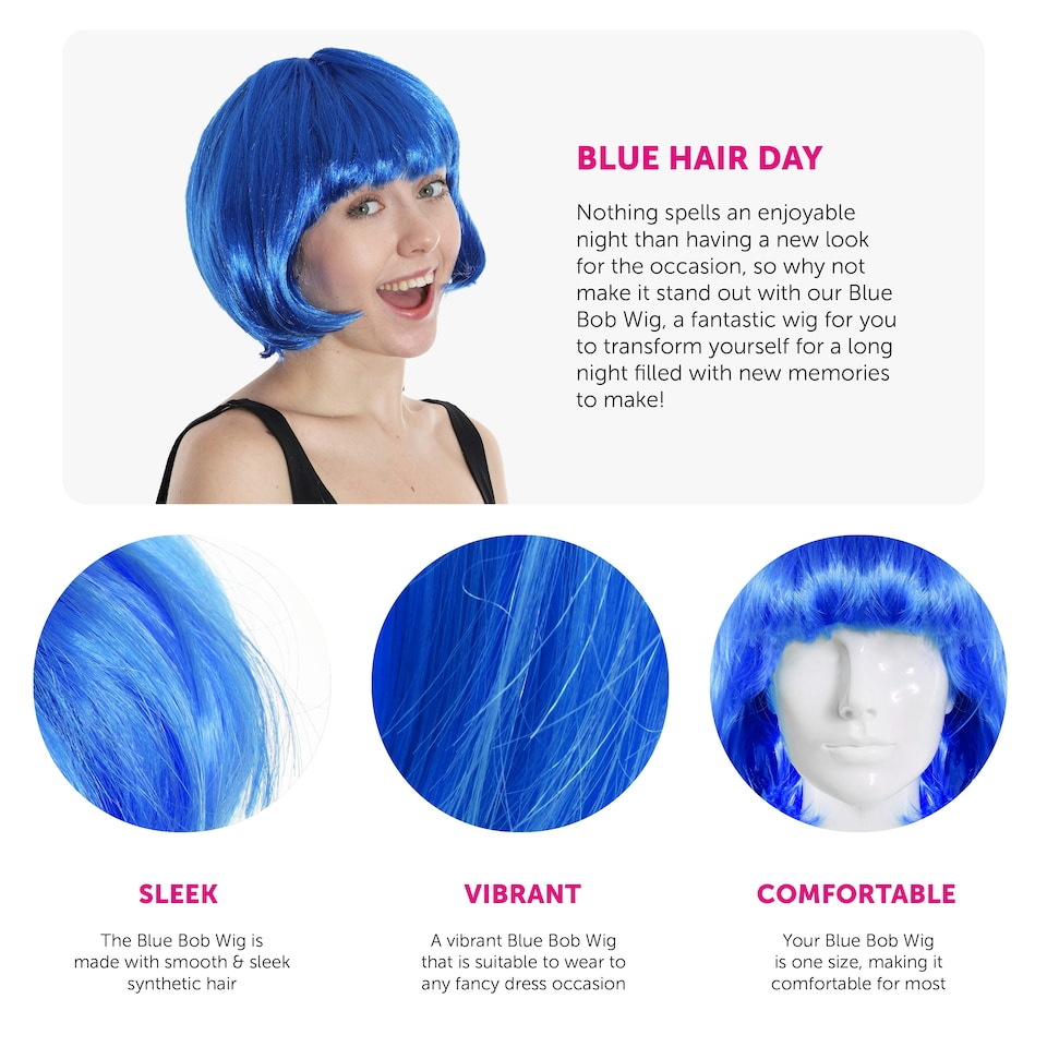image 1 of Adult Blue Bob Wig – Colourful Fancy Dress Hairpiece for Costumes & Parties Blue | One Size