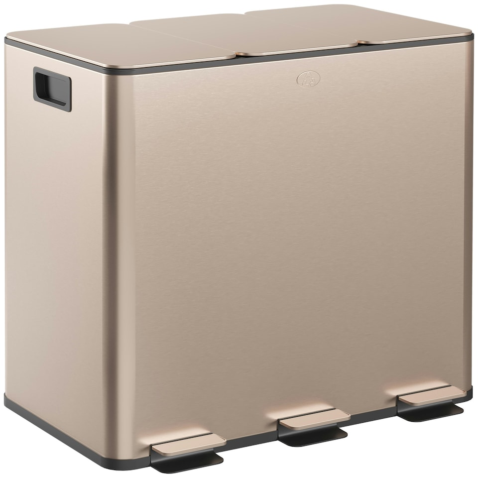 image 1 of HOMCOM 3 x 15L Triple Kitchen Bin Pedal Bin for Recycling and Waste, Gold Tone Black | 45L
