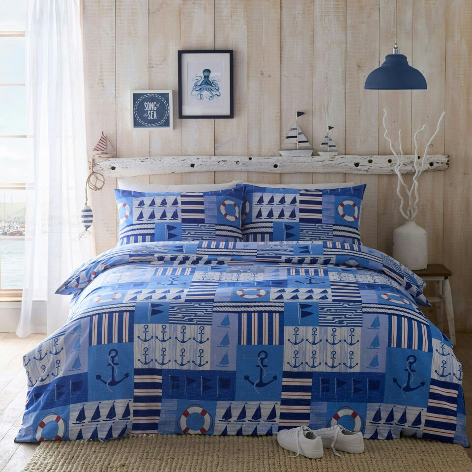 image 1 of Portfolio Home Regatta Nautical Soft Easy Care Bed Linen Bedding Duvet Cover Quilt Set With Pillow Case Blue | Double