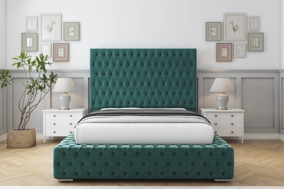 image 1 of Sloomy Ambassador Emerald Plush Bed Frame With Mattress With 50"  Upholstered Headboard 6' Super King