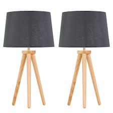 Set of 2 Light Oak Table Lamp or Bedside Lights with Grey Silver Shade | Brown | Grey | Large | 2