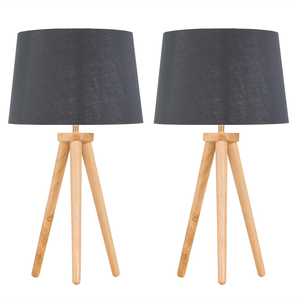 image 1 of Set of 2 Light Oak Table Lamp or Bedside Lights with Grey Silver Shade | Brown | Grey | Large | 2