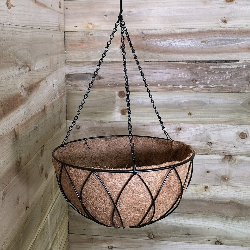 image 1 of Tom Chambers Black Lattice Metal Garden Patio Flower Wall Hanging Basket with WaterSave Coco Fibre Liner 35cm - Without Bracket | Black | Black