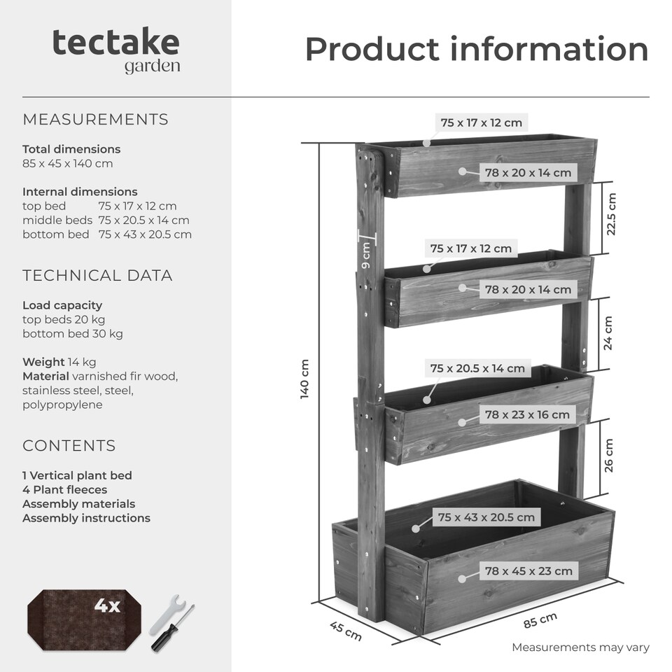 image 1 of Vertical Planter Flora in a Rustic Wooden Design with 3 to 5 Tiers and Plant Fleece Included | Grey | grey | 45 x 85 x 140 cm | 1