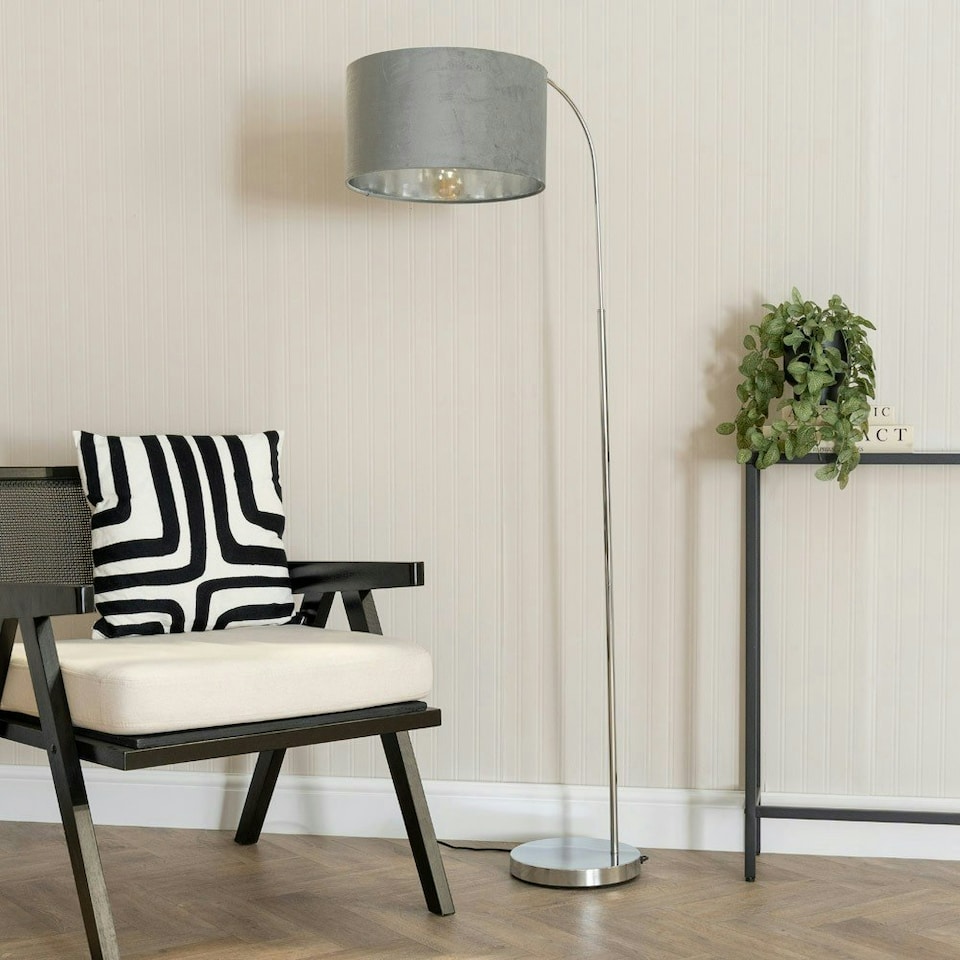 image 1 of ValueLights Curva Chrome Arched Floor Lamp with Grey Velvet and Chrome Inner Lamp Shade