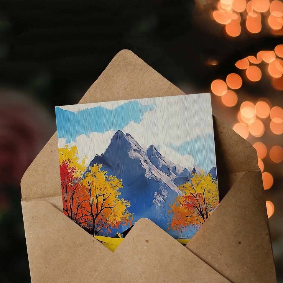 image 1 of Lakehouse Cottage Mountain Lake Autumn Landscape Birthday Greeting Card