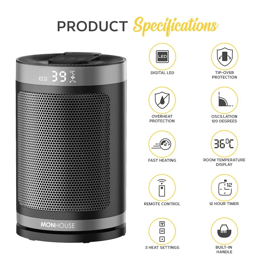 image 1 of MONHOUSE Electric Heater - Energy Efficient PTC Ceramic, Silent Portable Heater with LED Display, Remote Control, Overheat Protection, Smart Thermostat
