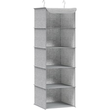 Hanging Wardrobe Storage Organiser with Bamboo Detail, Space Saving Closet Shelf, Light Grey