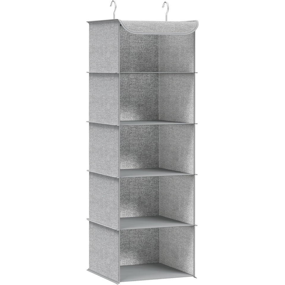 image 1 of Hanging Wardrobe Storage Organiser with Bamboo Detail, Space Saving Closet Shelf, Light Grey