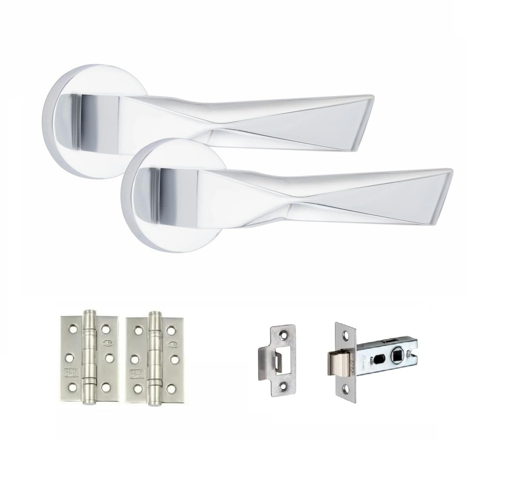Golden Grace 1 Set Modern Aura Design Premium Door Handles on Round Rose in Polished Chrome with 2.5" Latch and 1 Pair of Ball Bearing Hinges Chrome 1