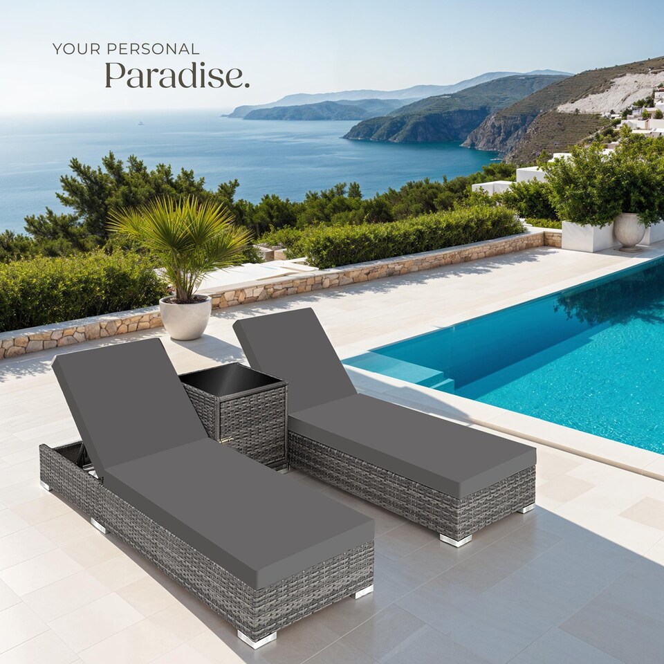 image 1 of Sun Lounger Set - 2 loungers, 1 side table, aluminium frame, adjustable backrest, rain cover | Grey | grey | 1