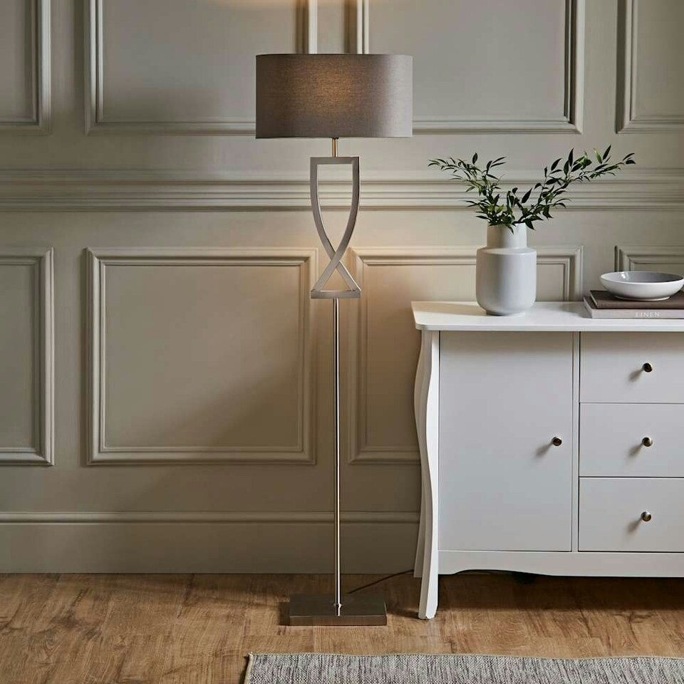 image 1 of ValueLights Katniss Large Silver Chrome Metal Floor Lamp with a Grey Fabric Oval Lampshade - Bulb Included Silver