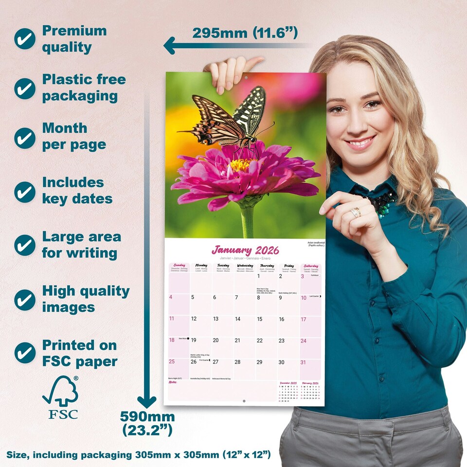 image 1 of Butterflies 2026 Calendar | Square Wall Calendar | Animal Gift | Plastic Free Packaging | by Avonside Publishing