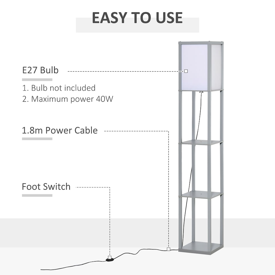 image 1 of HOMCOM 3Tier Floor Lamp, Floor Light with Storage Shelf, Reading Standing Lamp with Acrylic Shade for Living Room, Bedroom, Kitchen, Dining Room, Office, Dorm, 160cm, Grey