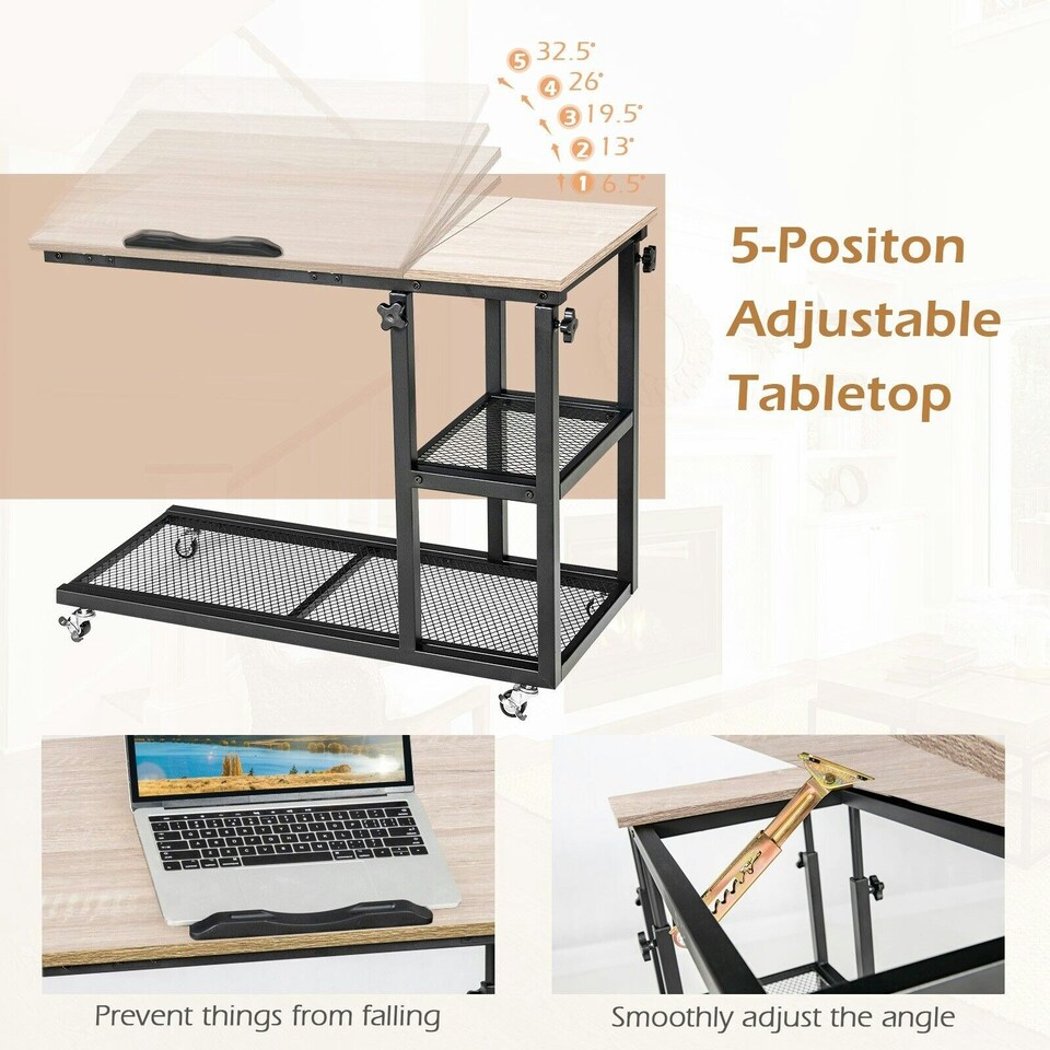 image 1 of COSTWAY Industrial Sofa Side Table Height Adjustable Rolling Natural Yellow
