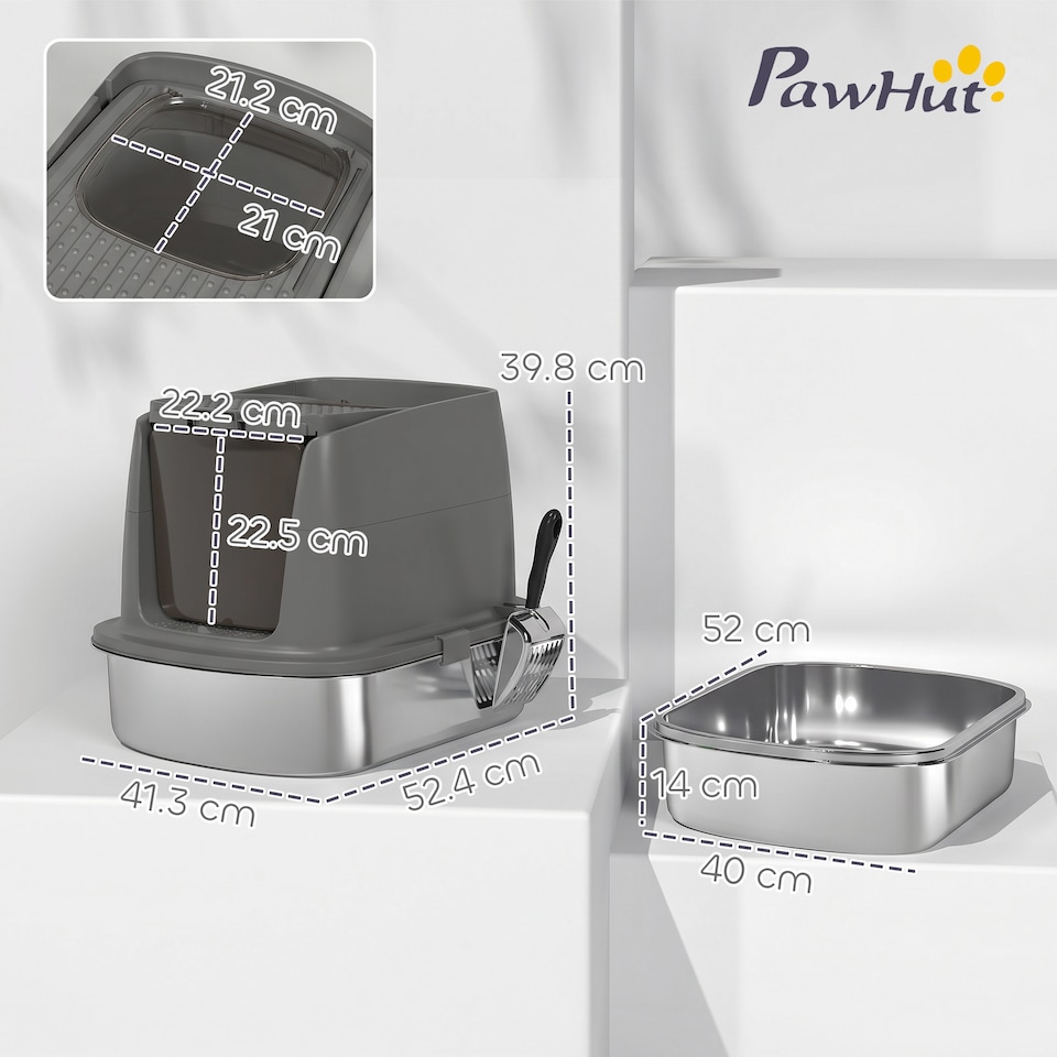 image 1 of PawHut Stainless Steel Litter Box, Enclosed Metal Cat Litter Tray with Scoop