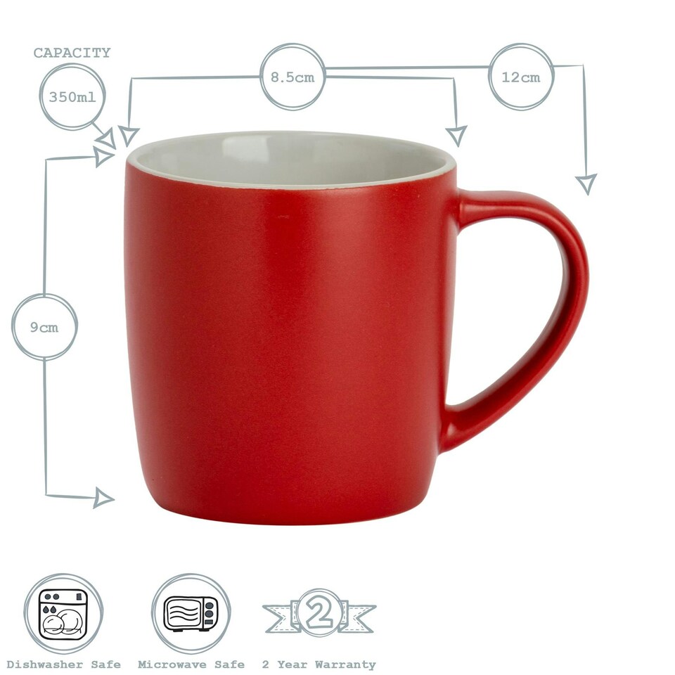 image 1 of Argon Tableware 6x Matt Coloured Coffee Mugs - Red - 350ml - Tea Mug Latte Mug Cappuccino Mug Drinking Mug Red