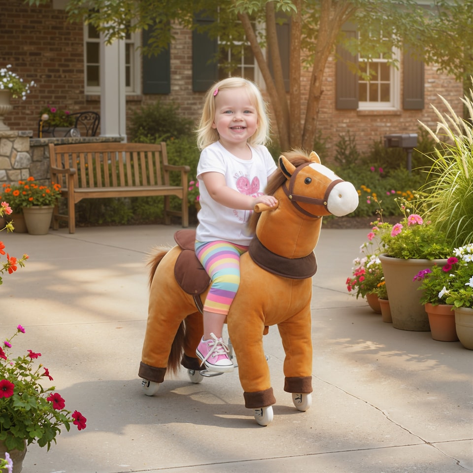 image 1 of AIYAPLAY Ride On Horse, Plush Animal Walking Horse Toy with Wheels, Brown