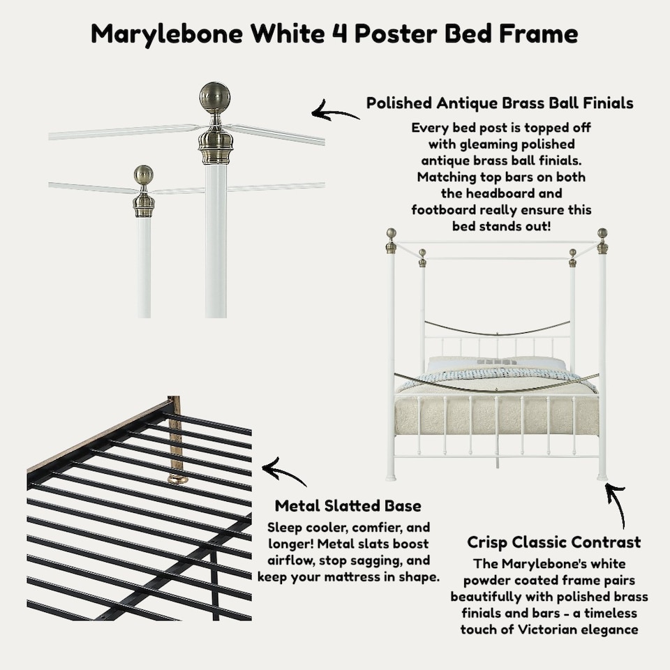 image 1 of Marylebone Traditional Four Poster Canopy Metal Bed Frame | White | White & Brass | King