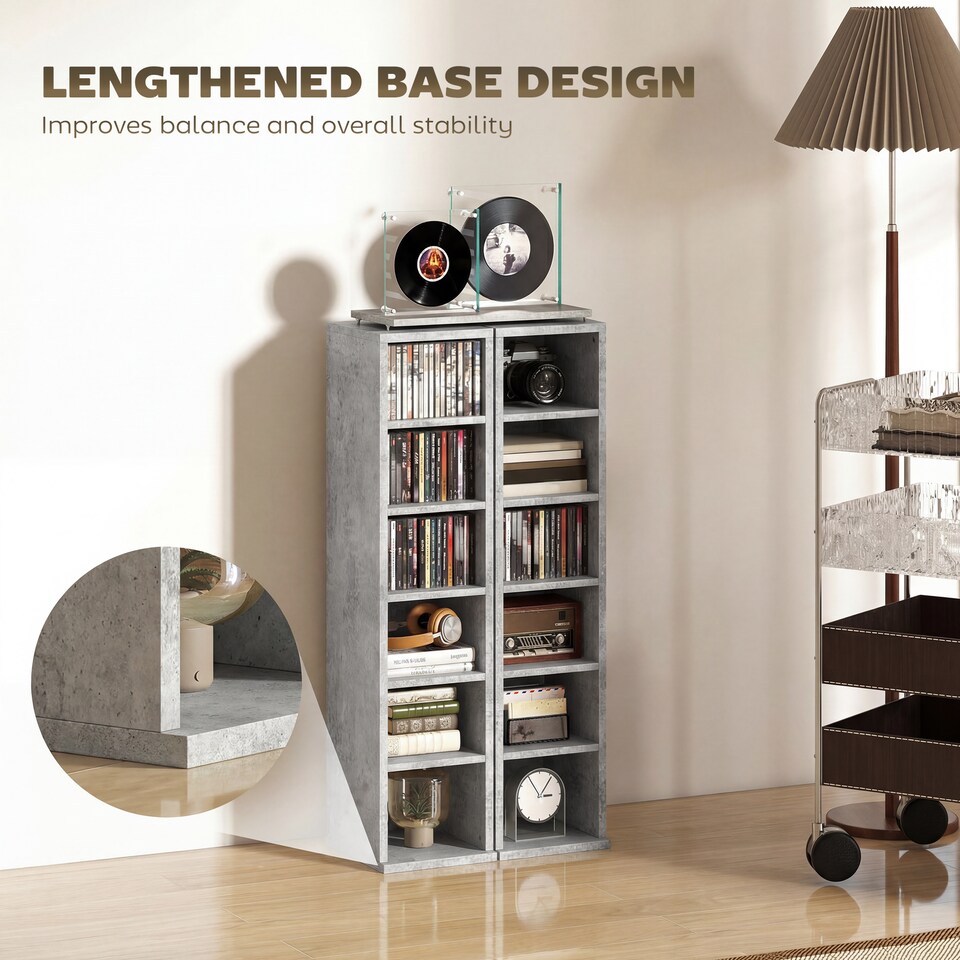 image 1 of HOMCOM Set of 2 CD Storage Units DVD Shelf with Adjustable Shelves | Grey | Cement grey | 21W x 22.5D x 88.5H cm