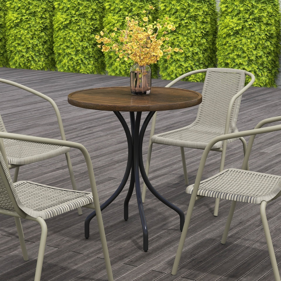 image 1 of Outsunny 66cm Diameter Garden Side Table, Round Bistro Coffee Table, Outdoor Patio Table with Steel Frame and Slat Tabletop for Balcony and Porch, Brown Wood Grain | Brown | Brown Wood Grain