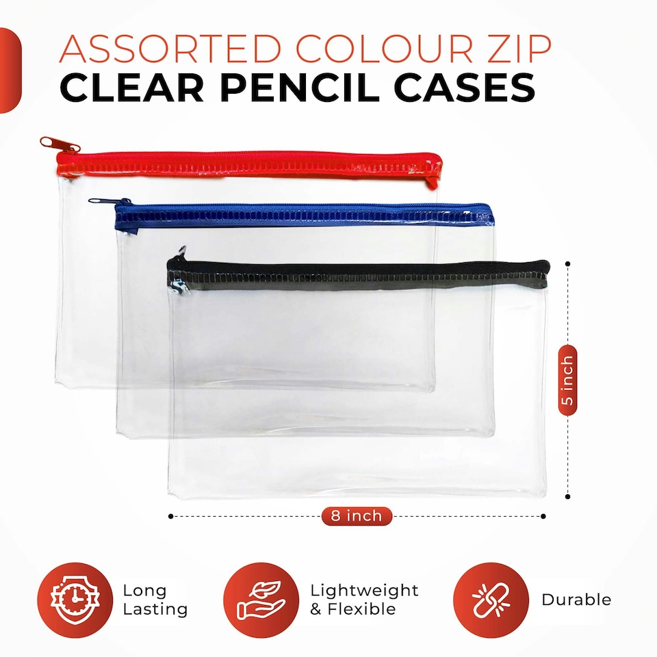 image 1 of Pack of 12 Janrax 8x5" Assorted Colour Zip Clear Exam Pencil Cases