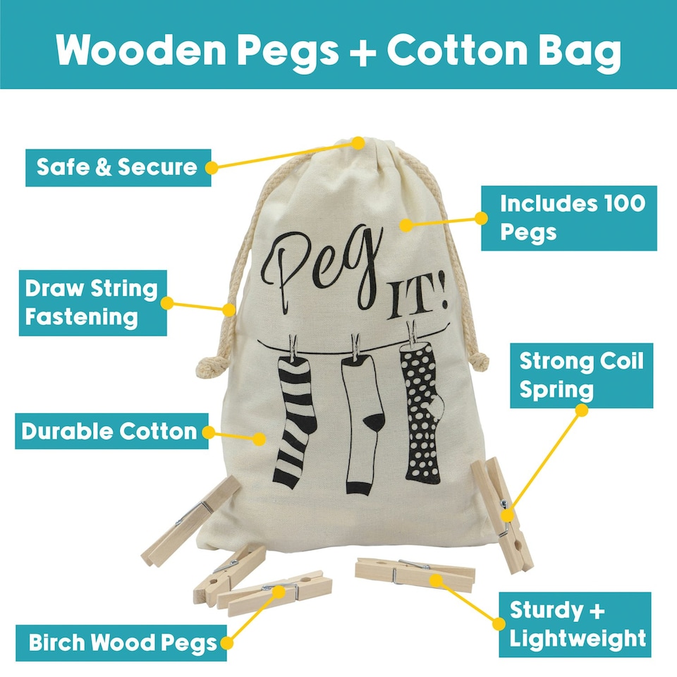 image 1 of JVL Peg It Bag with Wooden Pegs, Pack of 100