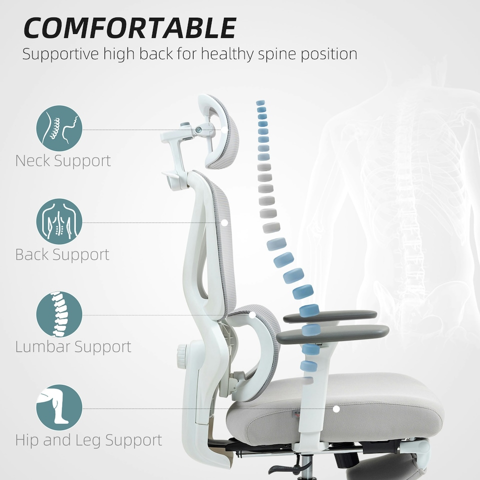 image 1 of HOMCOM Ergonomic Office Chair, Recliner Computer Chair Footrest Grey