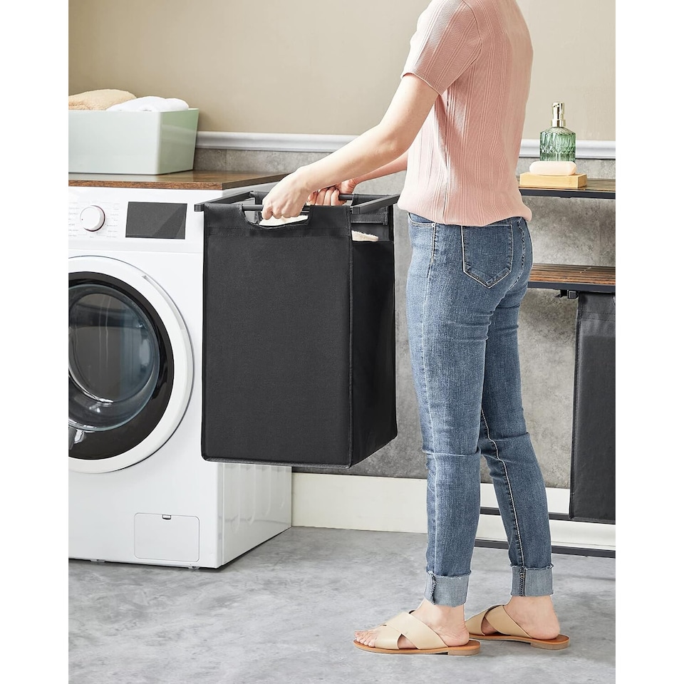image 1 of Laundry Sorter with 2 Removable Liner Bags, Pull-Out Hampers and Storage Shelf, Rustic Brown and Ink Black