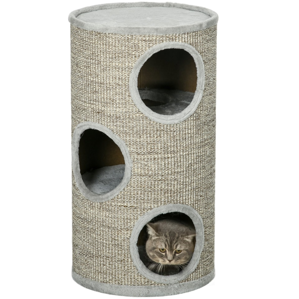 image 1 of PawHut Cat Barrel Tree Tower with Sisal, Cosy Platform, Light Grey