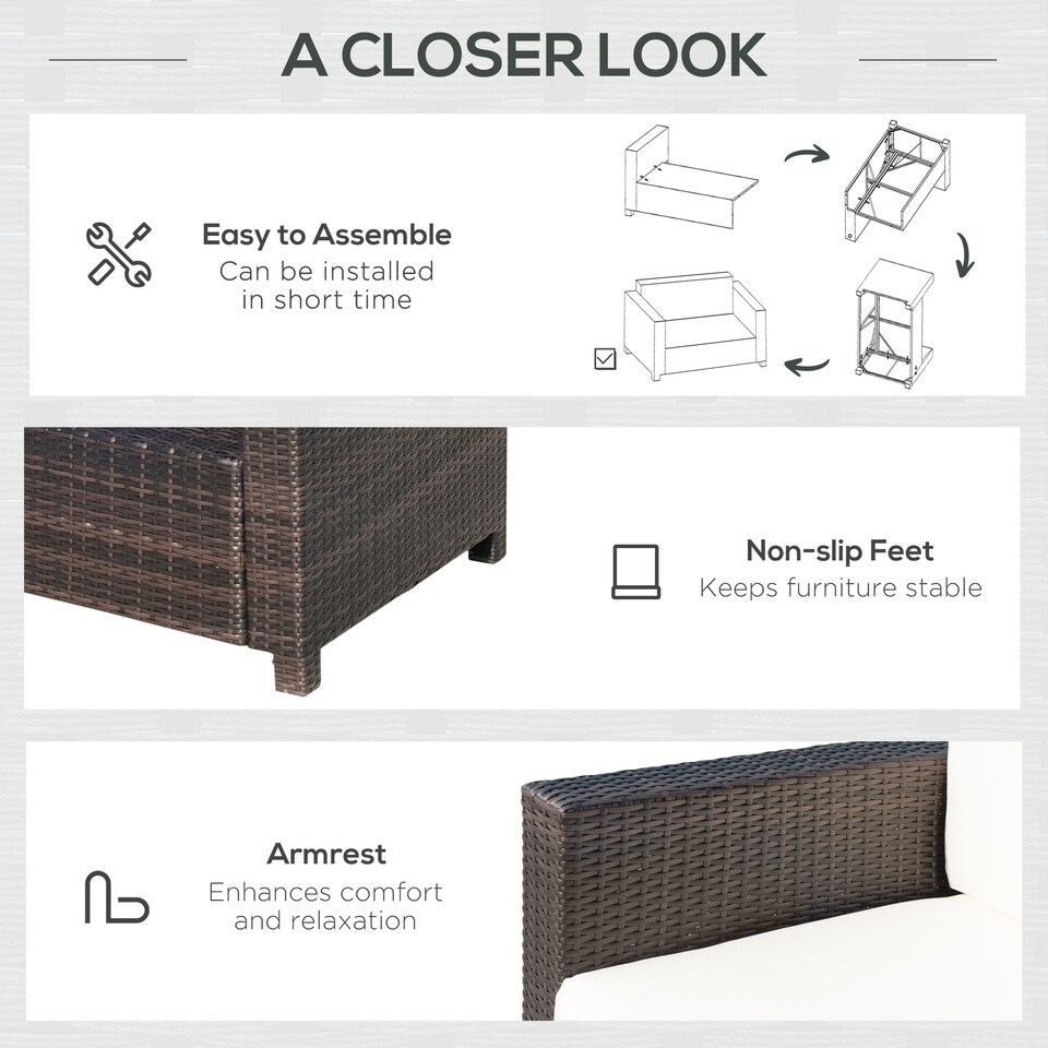 image 1 of Outsunny Rattan Sofa, 2 Seater Garden Furniture with Soft Padded Cushion and Armrests, Wicker Garden Loveseat for Patio, Mixed Brown | Brown | Two Seater