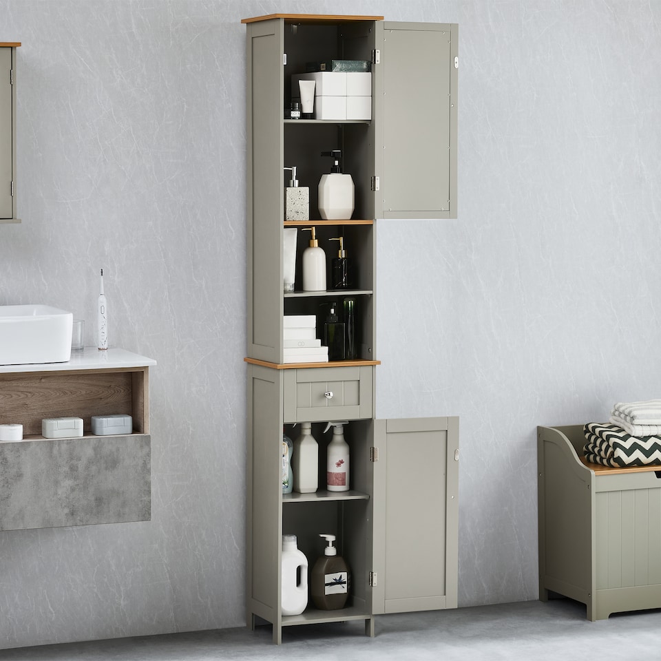 image 1 of Bath Vida Priano 2 Door Tall Bathroom Cabinet With Mirror, Grey & Oak