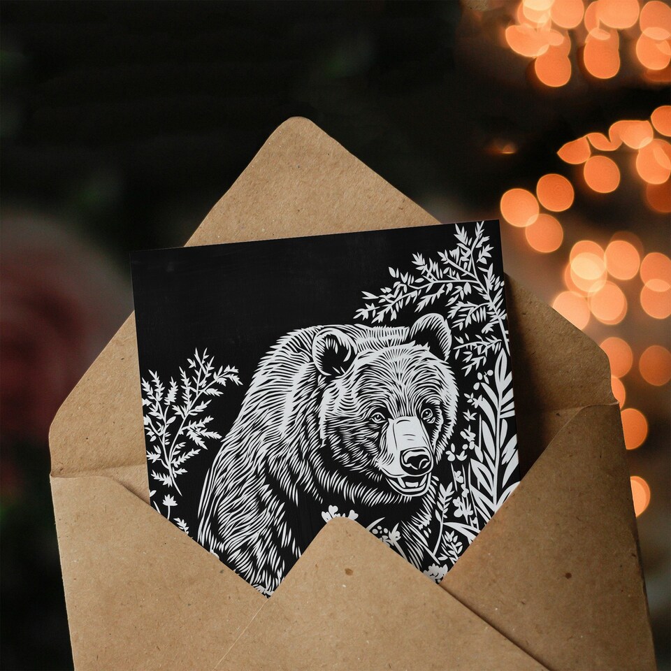 image 1 of Bear in Wildflower Meadow Black White Floral Birthday Greeting Card