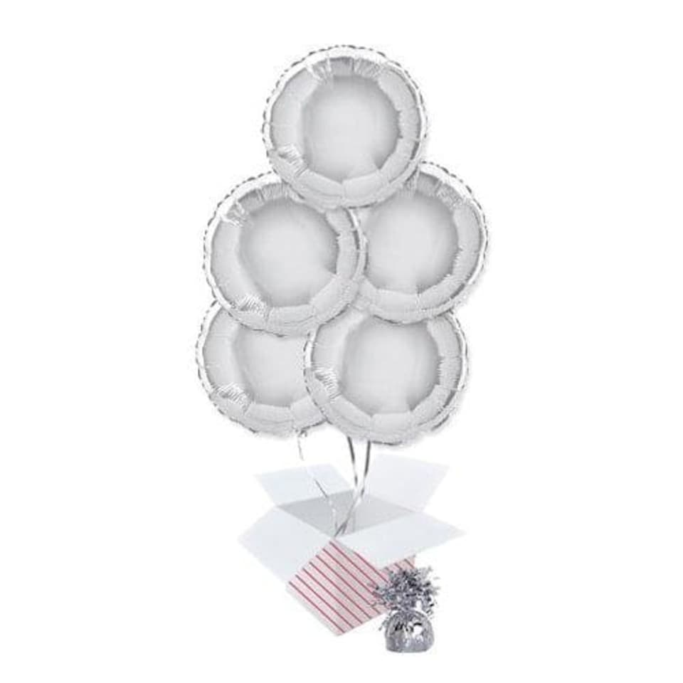 Silver Round Foil Helium Balloon Bouquet - 5 Inflated Balloons In A Box Silver