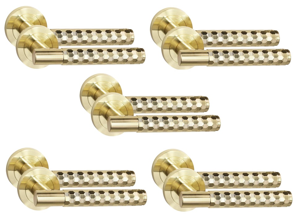 image 1 of Golden Grace 5 Pair Knurled Hex Cut T-Bar Door Handle Satin Brass Finish with Spindle and Screws