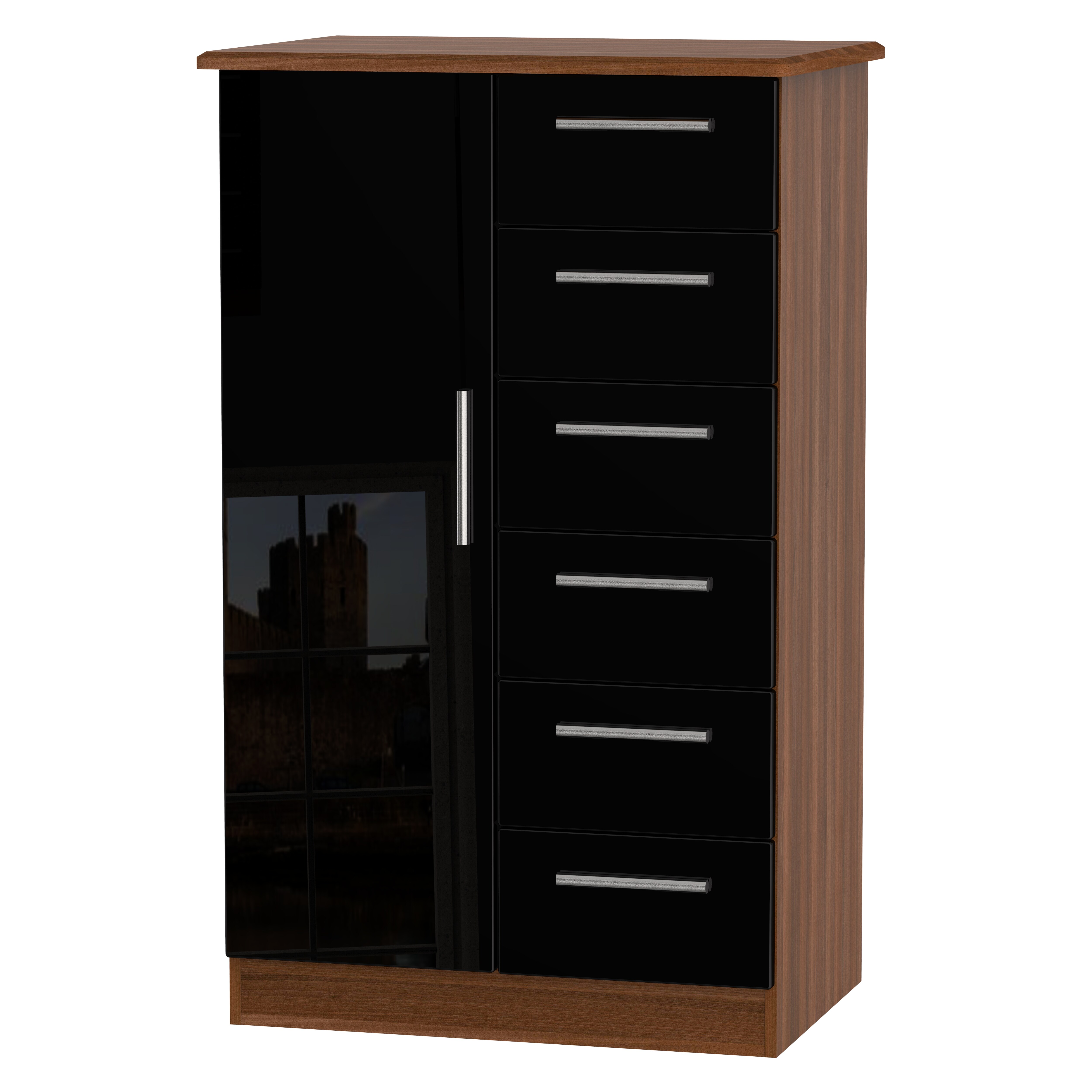 Windsor 1 Door 5 Drawer Childrens Wardrobe in Black Gloss & Noche Walnut