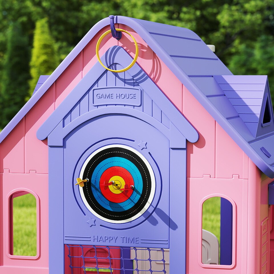 image 1 of AIYAPLAY 5-in-1 Playhouse for Kids Outdoor Indoor, Garden House with Basketball Hoop, Football, Dartboard, Ring Toss, Wendy House for Kids 2-5 Years Old | Pink