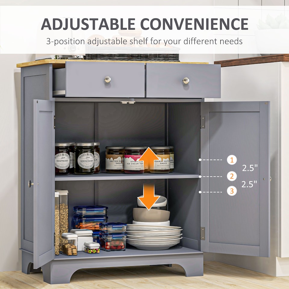 image 1 of HOMCOM Rubber Wood Top Kitchen Side Cabinet with Adjustable Shelf, Grey