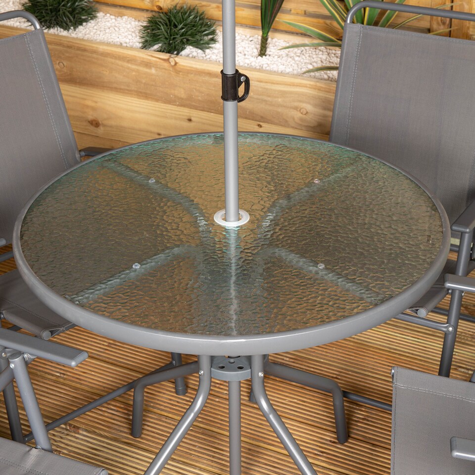 image 1 of Samuel Alexander Outdoor 4 Seater Round Glass Top Table and Chairs Patio Set with Parasol in Grey