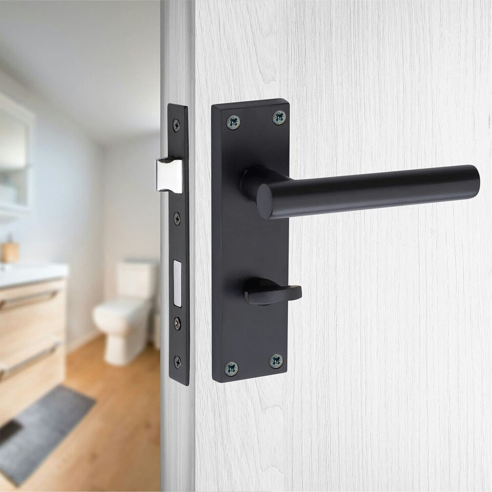 image 1 of Golden Grace T-Bar Bathroom Door Handles Set on Lever Backplate in Matt Black Finish Complete with Latch, Lock and 1 Pair of 3" Ball Bearing Hinges Black