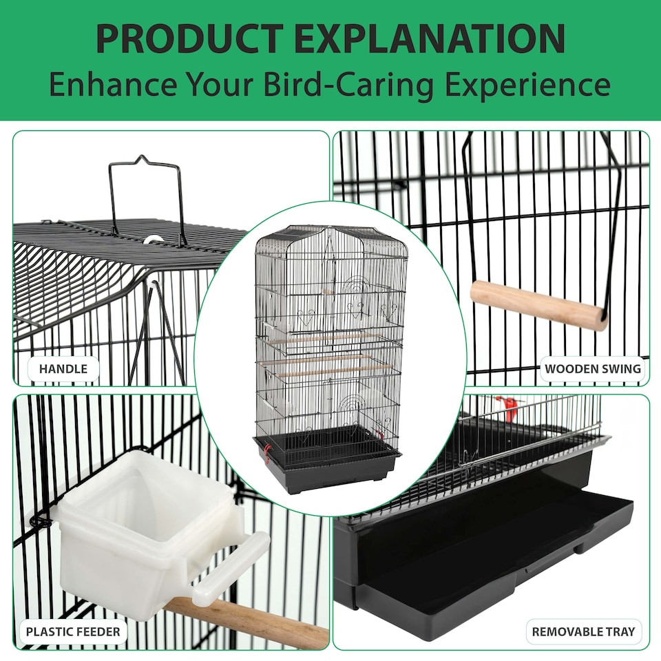 image 1 of Large Metal Bird Cage Budgie Canary Parakeet Cockatiel Finch Lovebird Tall Cages, Black