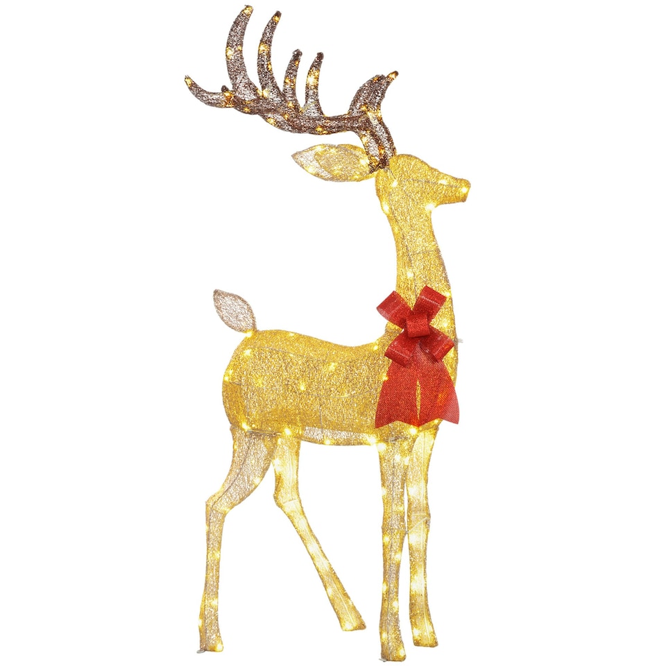 image 1 of Outsunny Lighted Reindeer Christmas Decoration w/ Stakes Zip Ties Gold Tone