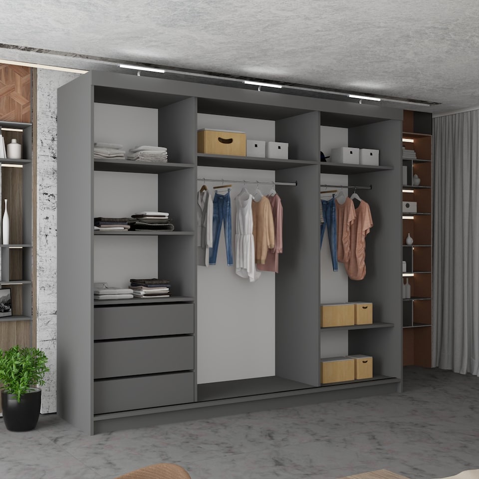 image 1 of Sliding Wardrobes 4U Modern 3-Door Sliding Wardrobe with Central Mirror & Drawers – 250cm, White, Black, Grey, Oak | Grey | Grey250cm | 250cm