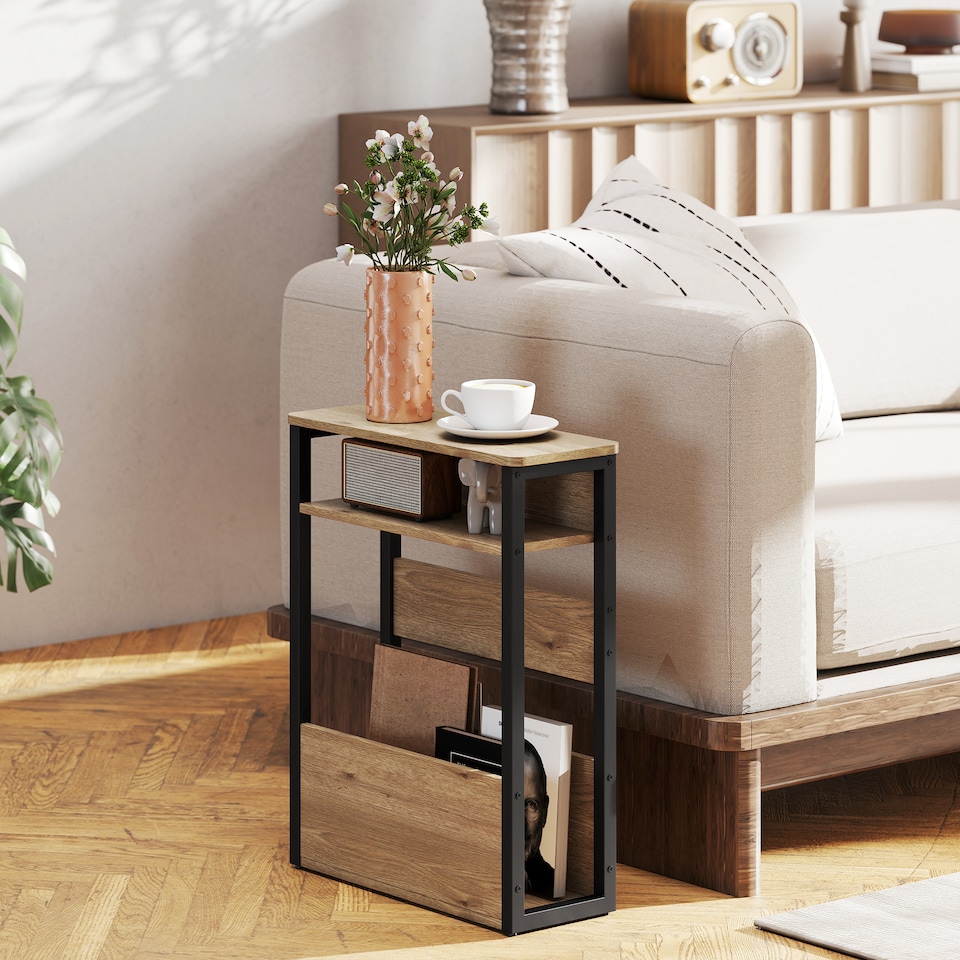 image 1 of HOMCOM Narrow Side Table with Storage, Bedside End Table, Walnut Brown | Brown | Walnut brown