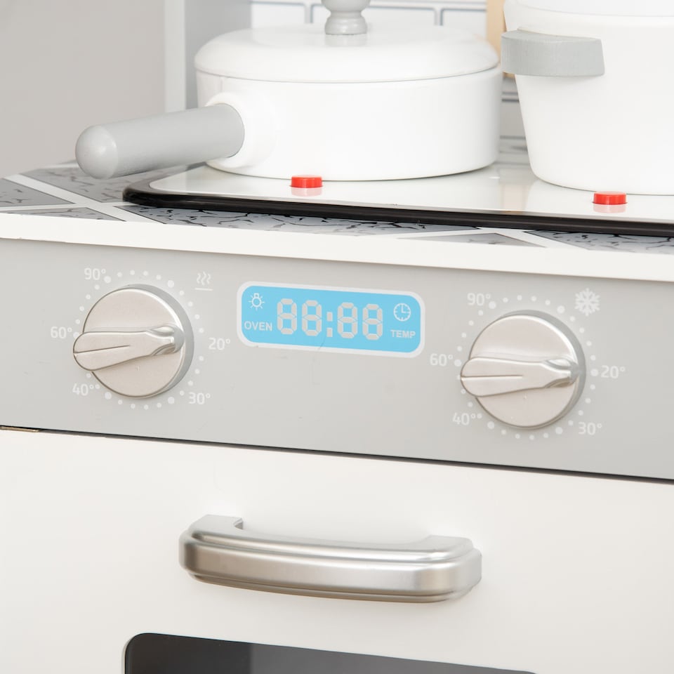 image 1 of HOMCOM Kids Wooden Toy Kitchen Pretend Play Cooking Playset with Sound & Light Effect, Battery Operated Cooktop, Ice Machine, Marble Pattern Countertop, for 3-6 Years Old