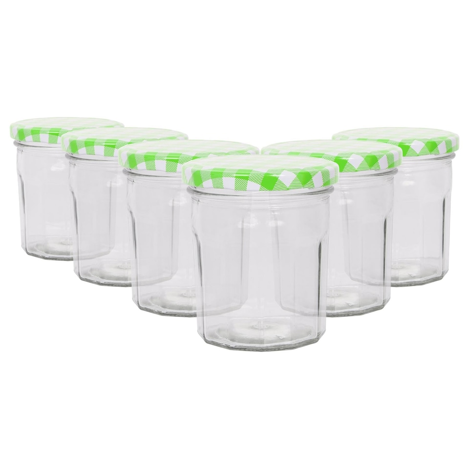 image 1 of Argon Tableware Glass Jam Jars with Green Gingham Lids - 250ml - Pack of 6