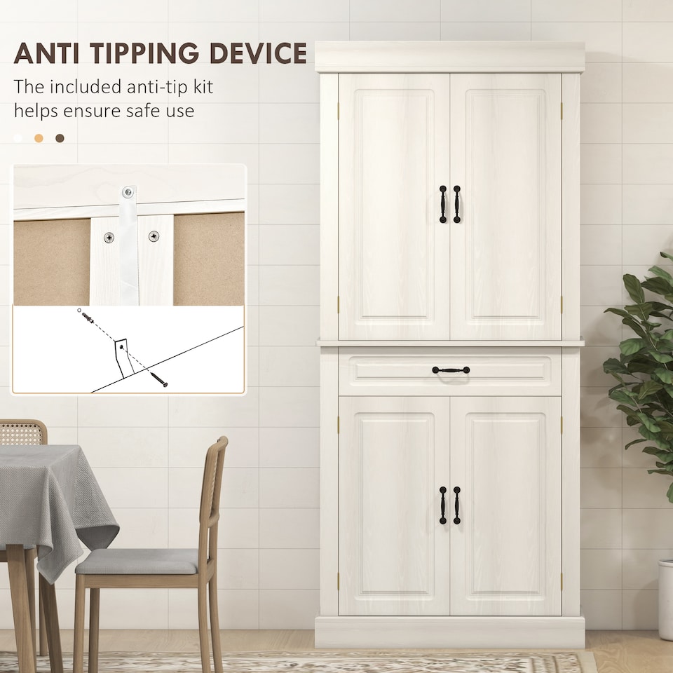 image 1 of HOMCOM Kitchen Cupboard with 4 Doors, Freestanding Storage Cabinet with Wide Drawer and Shelves for Living Room, 180cm, White Wood Grain